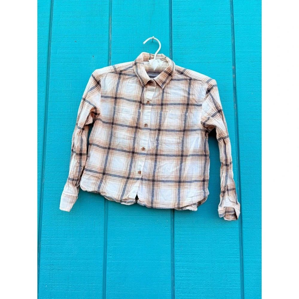 Clueless Preppy Kids Tan Cream Plaid Flannel Button Down‎ Shirt  Long Sleeve